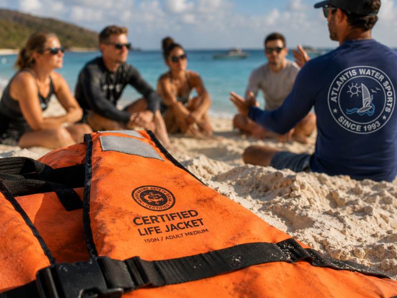 safety briefing before watersports activity in Goa — certified instructor with guests