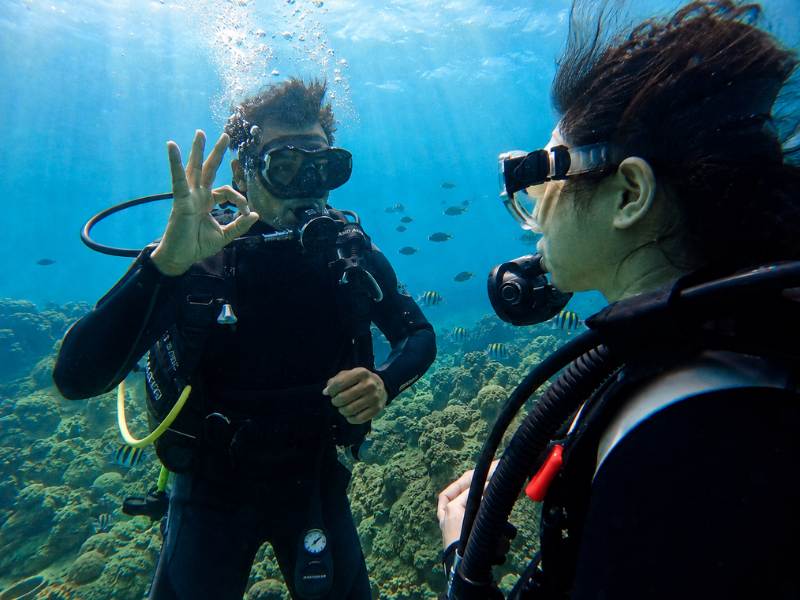 scuba diving in Goa with Atlantis Watersports — certified instructor underwater