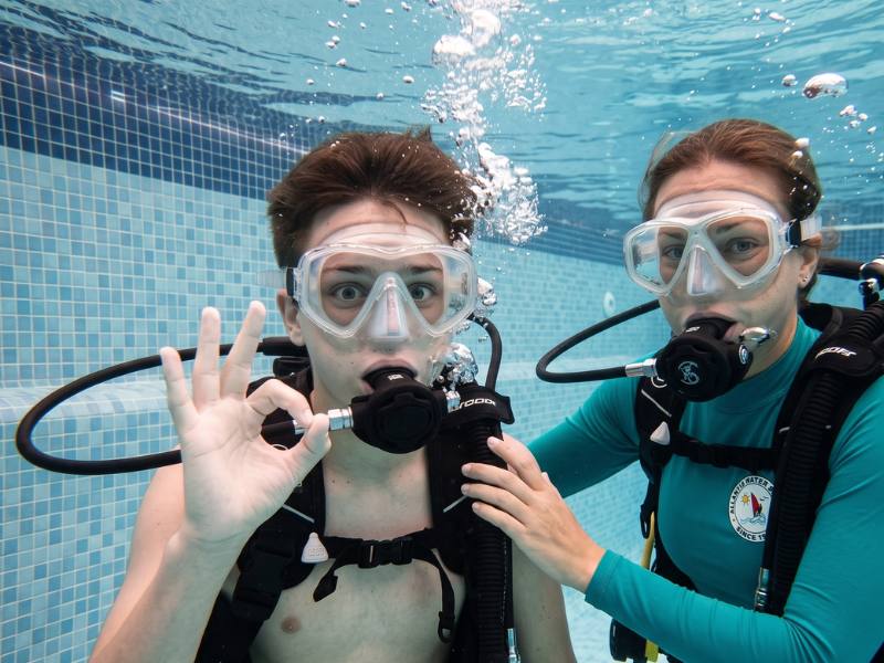 Pool training before a scuba dive at Grande Island, Goa