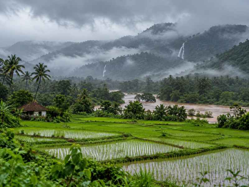 Monsoon activities in Goa — mist over the Western Ghats and green paddy fields